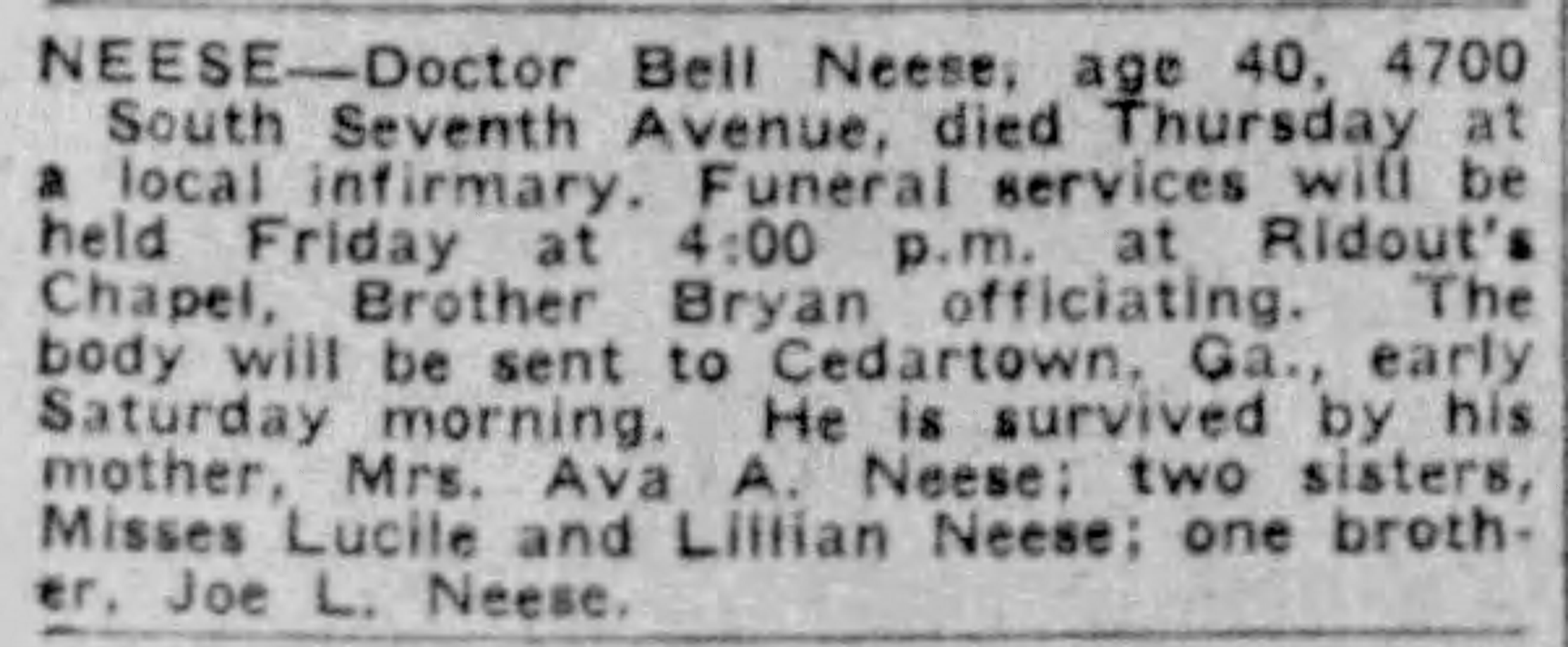 Dr. Bell Neese obituary